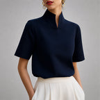 Damen Bluse mit Stehkragen und V-Ausschnitt