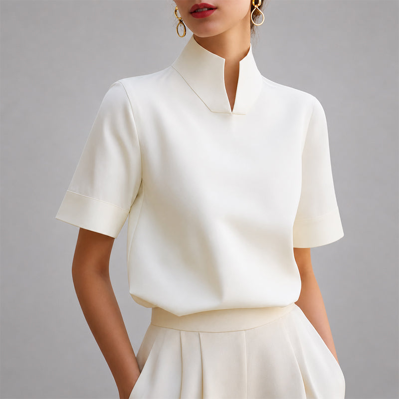 Damen Bluse mit Stehkragen und V-Ausschnitt