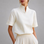 Damen Bluse mit Stehkragen und V-Ausschnitt