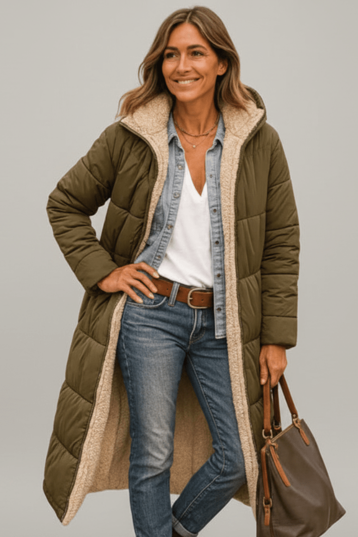 Damen lange Pufferjacke mit Kapuze
