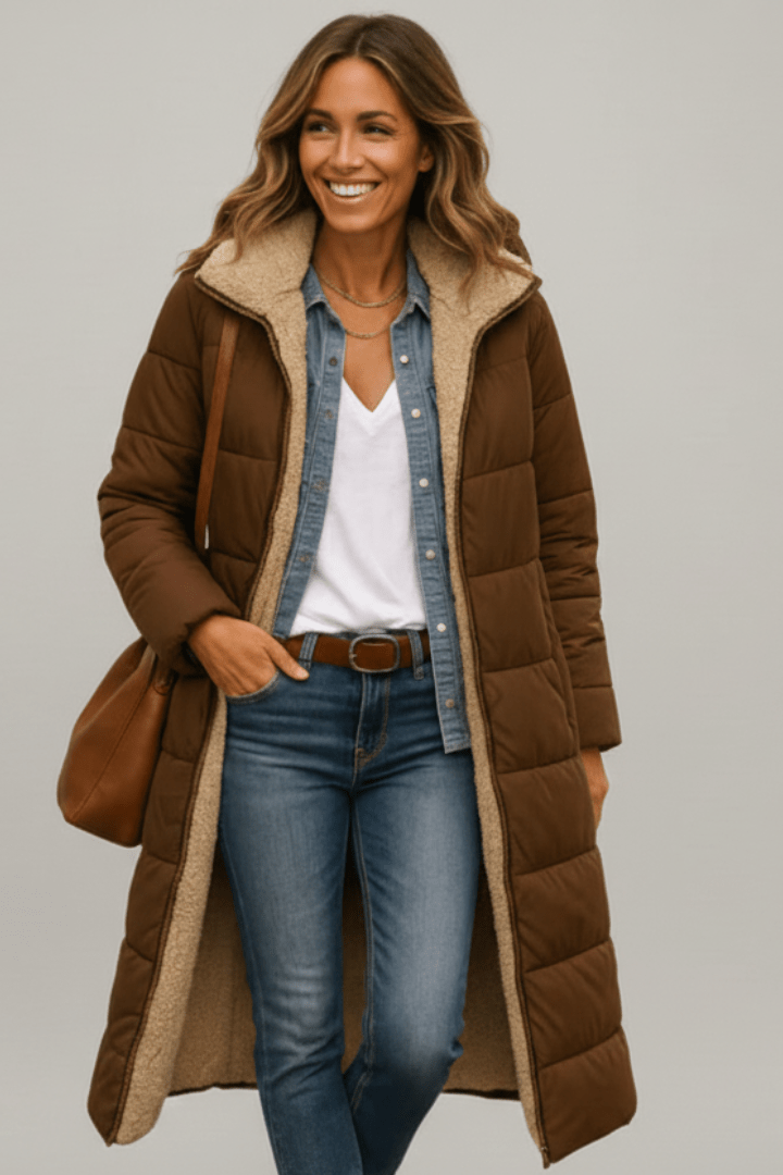 Damen lange Pufferjacke mit Kapuze