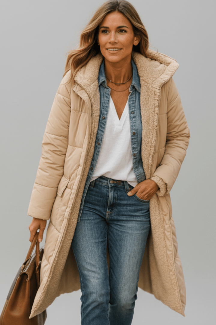 Damen lange Pufferjacke mit Kapuze