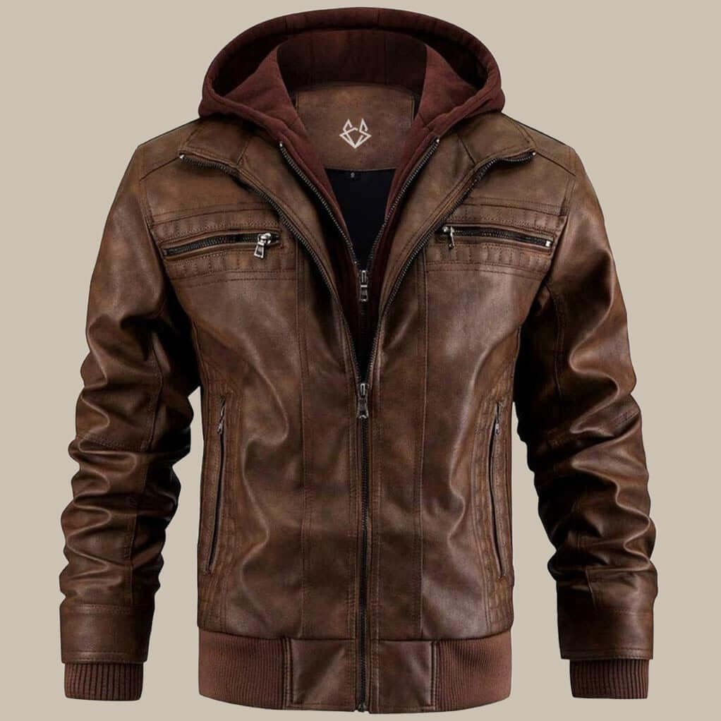 Herren Lederjacke mit Kapuze und Reissverschluss