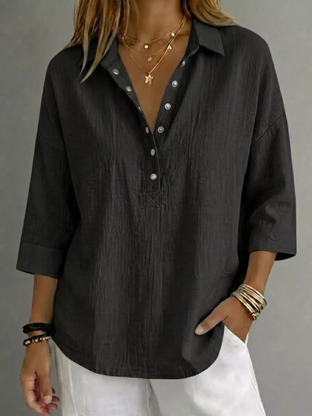 Damen Bluse mit Knopfleiste und 3/4-Ärmeln
