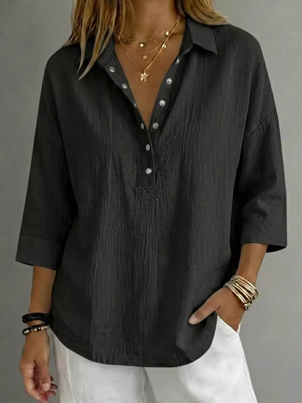 Damen Bluse mit Knopfleiste und 3/4-Ärmeln