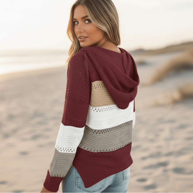 Damen Strickpullover mit Kapuze und Streifen
