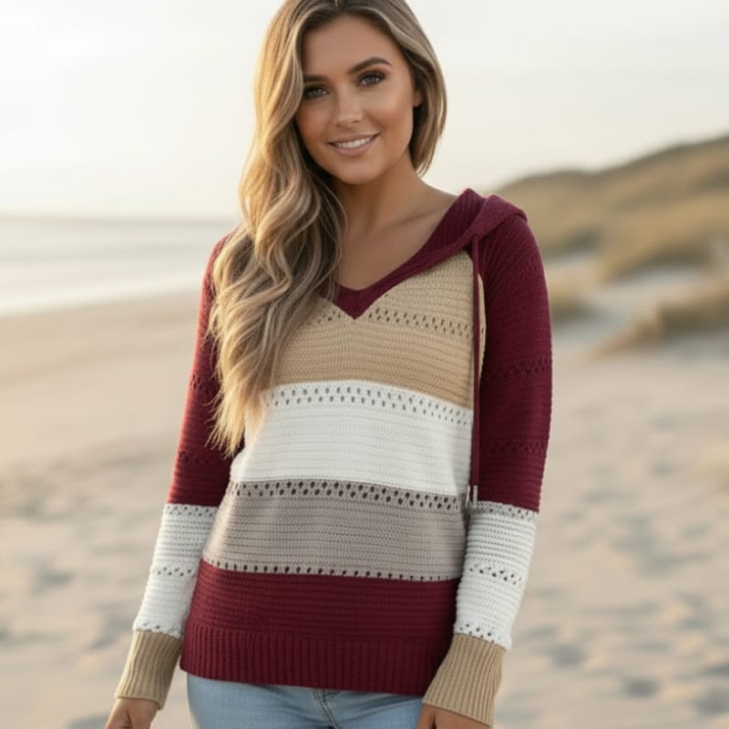Damen Strickpullover mit Kapuze und Streifen