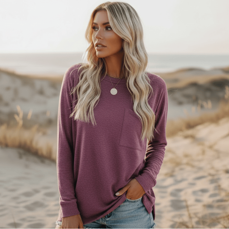 Damen Langarmshirt mit Rundhals und Brusttasche