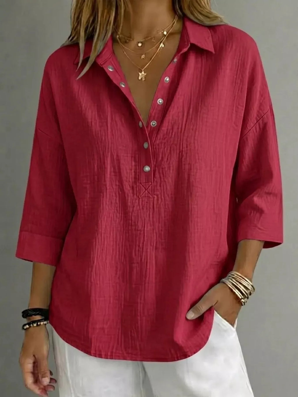 Damen Bluse mit Knopfleiste und 3/4-Ärmeln