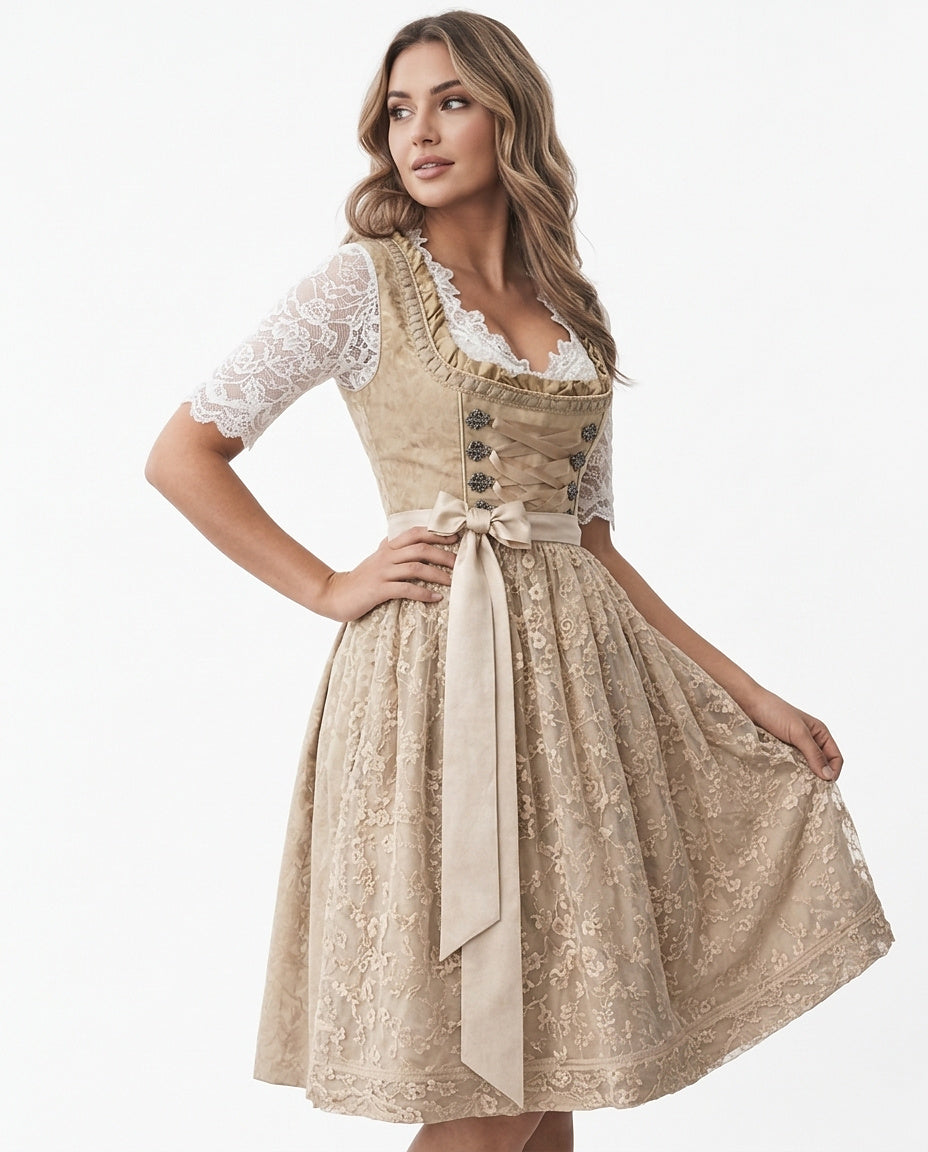 Damen Dirndlkleid mit Spitzenbluse und Schnürmieder