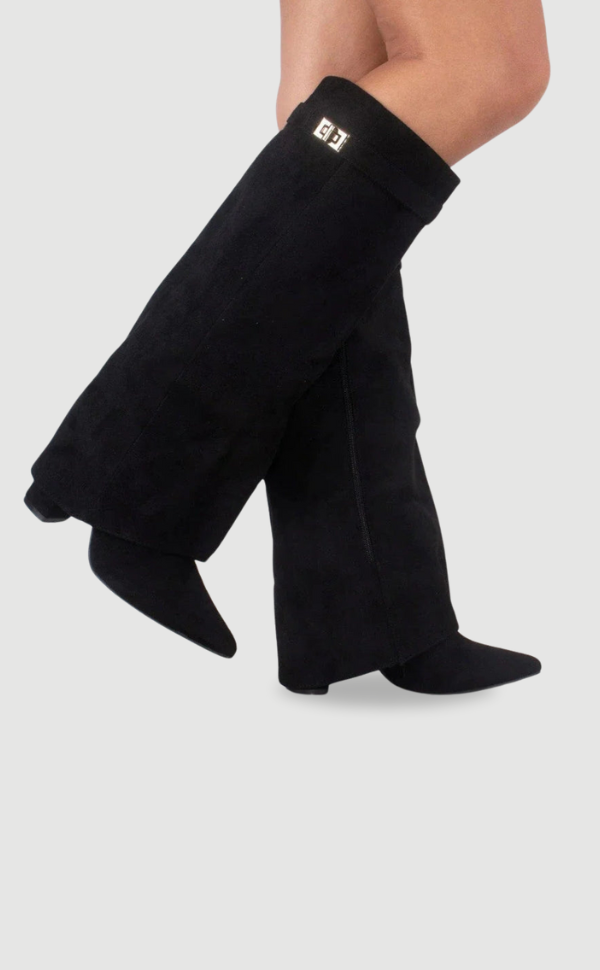 Damen kniehohe Stiefel mit Goldschnalle
