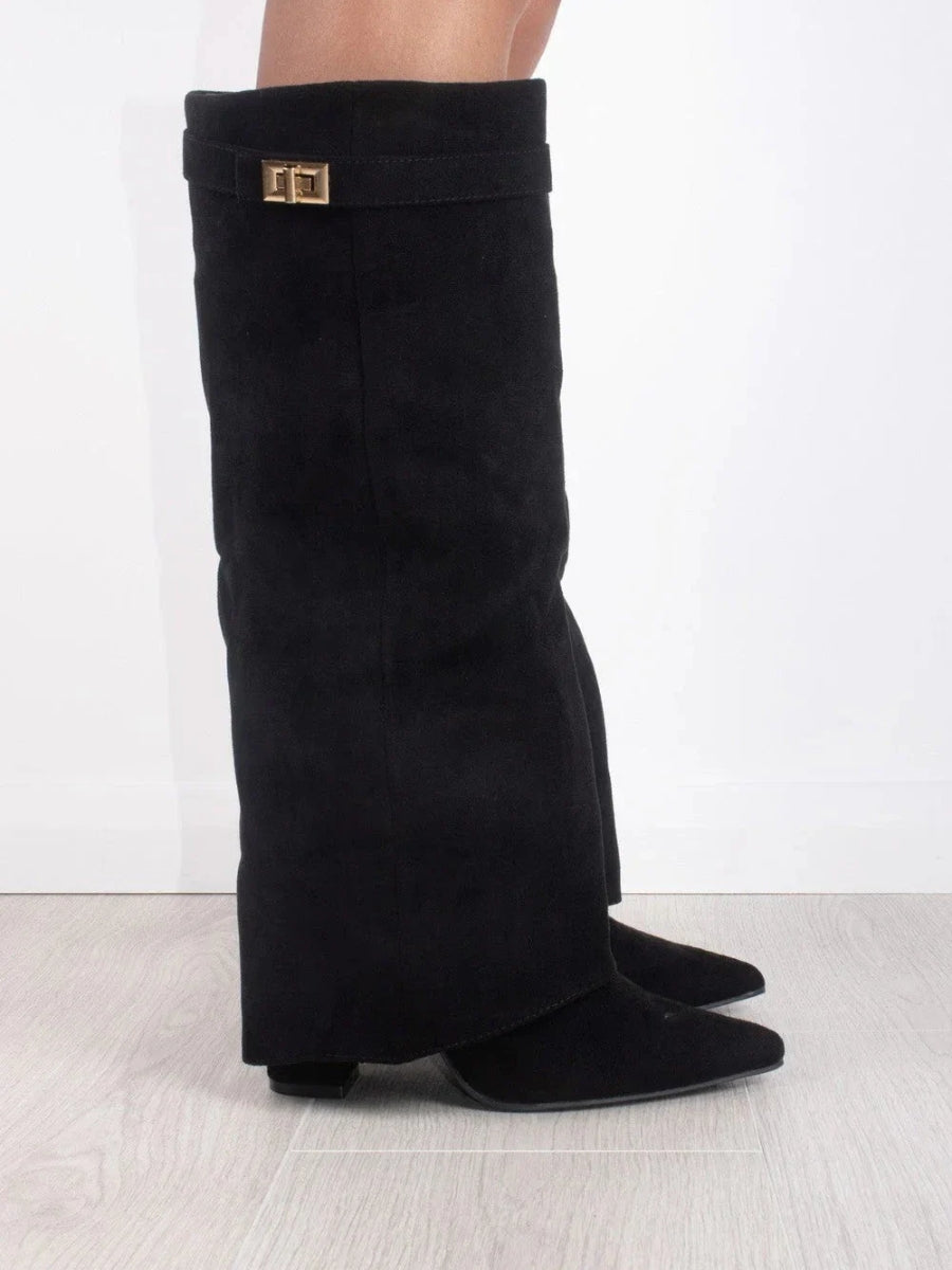 Damen kniehohe Stiefel mit Goldschnalle