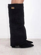 Damen kniehohe Stiefel mit Goldschnalle