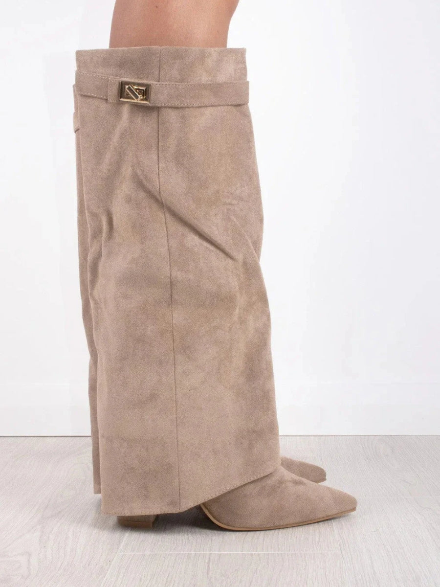 Damen kniehohe Stiefel mit Goldschnalle