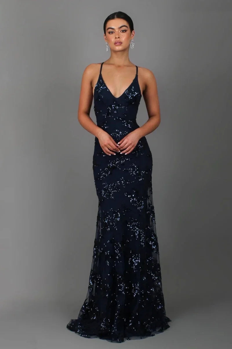 Damen bodenlanges Abendkleid mit Pailletten und tiefem Rückenausschnitt