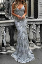 Damen bodenlanges Abendkleid mit Pailletten und tiefem Rückenausschnitt