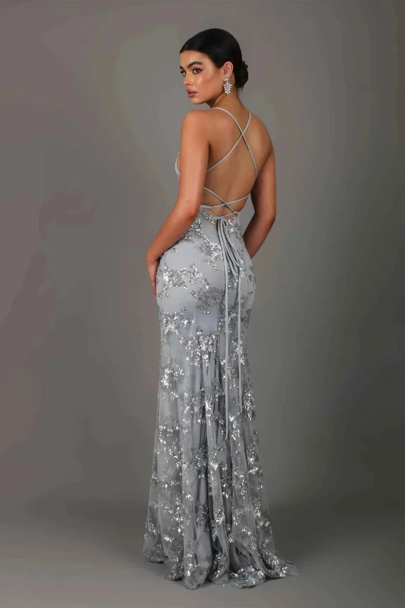 Damen bodenlanges Abendkleid mit Pailletten und tiefem Rückenausschnitt