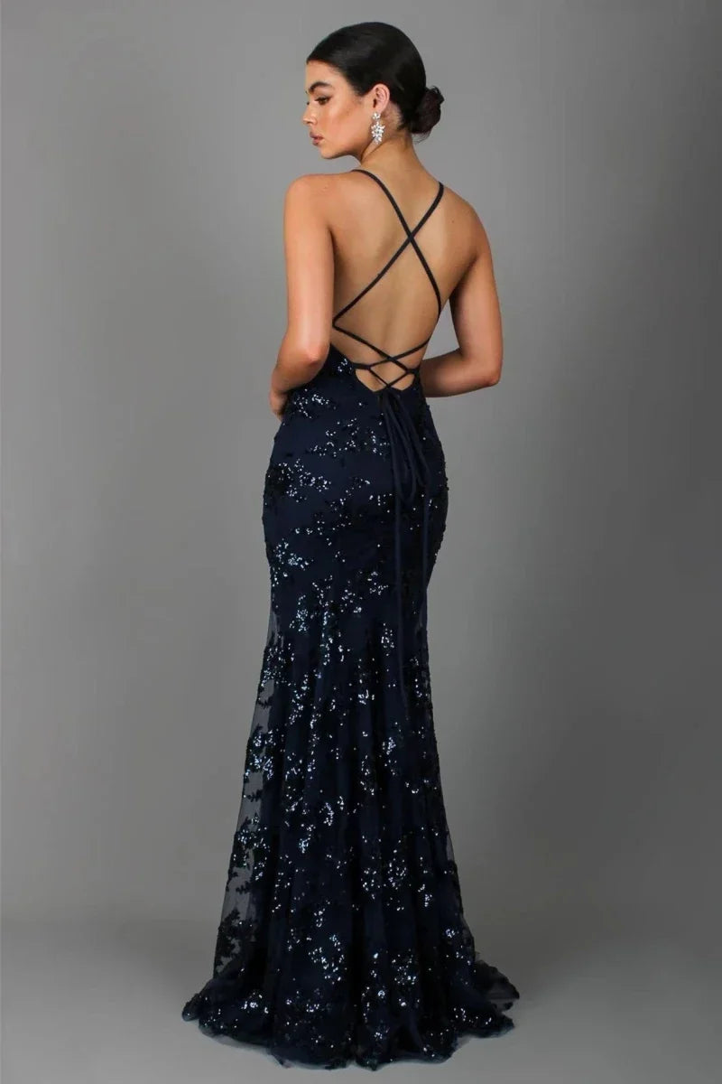 Damen bodenlanges Abendkleid mit Pailletten und tiefem Rückenausschnitt