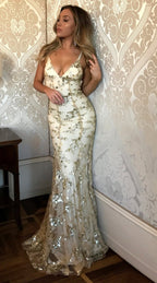Damen bodenlanges Abendkleid mit Pailletten und tiefem Rückenausschnitt