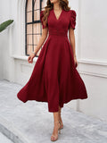 Strukturierte Puff Kurzarm Raffungen Midikleid A Linie Tailliert Casual Chic