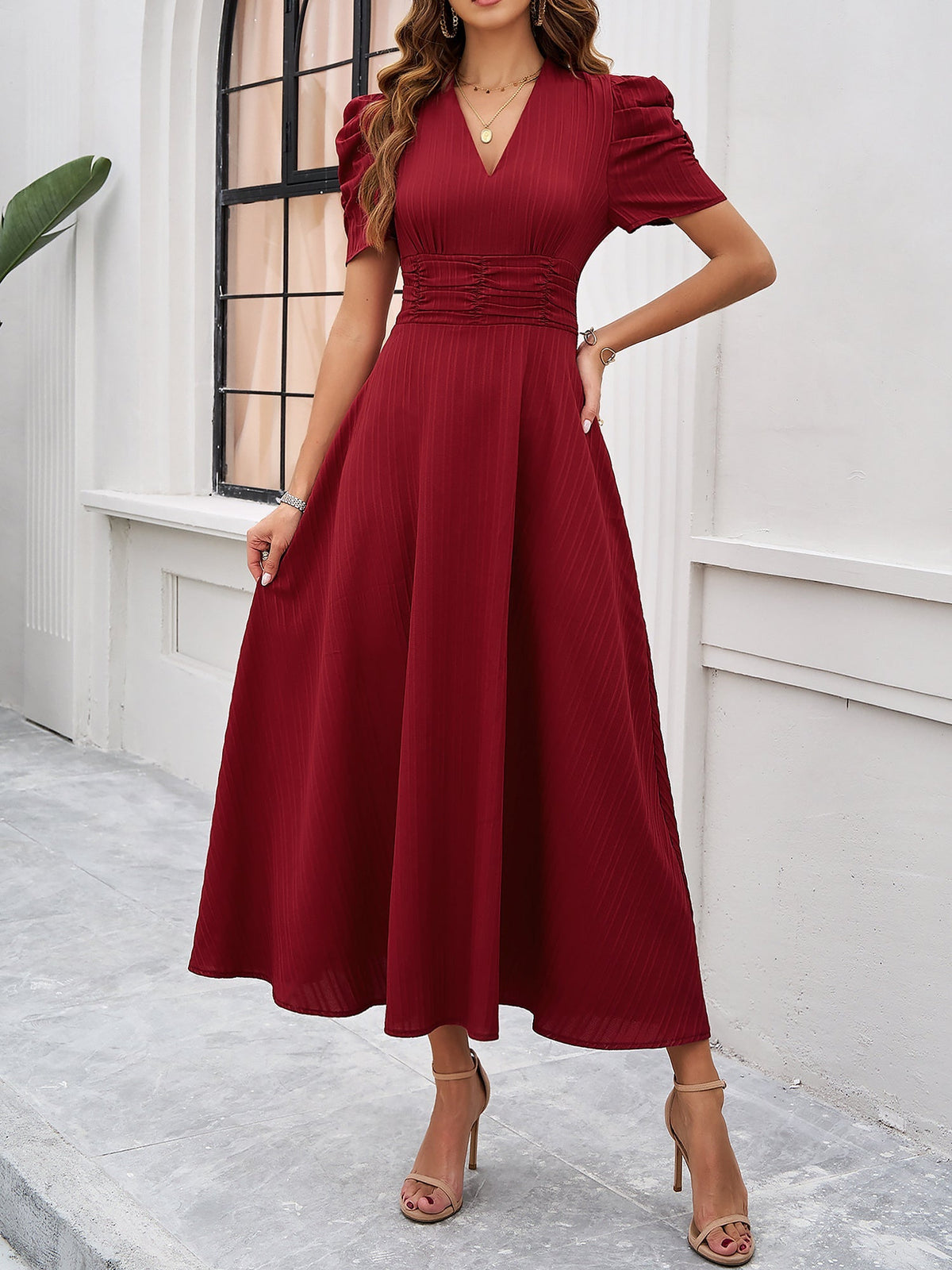 Strukturierte Puff Kurzarm Raffungen Midikleid A Linie Tailliert Casual Chic