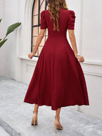 Strukturierte Puff Kurzarm Raffungen Midikleid A Linie Tailliert Casual Chic