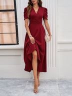 Strukturierte Puff Kurzarm Raffungen Midikleid A Linie Tailliert Casual Chic