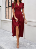 Strukturierte Puff Kurzarm Raffungen Midikleid A Linie Tailliert Casual Chic