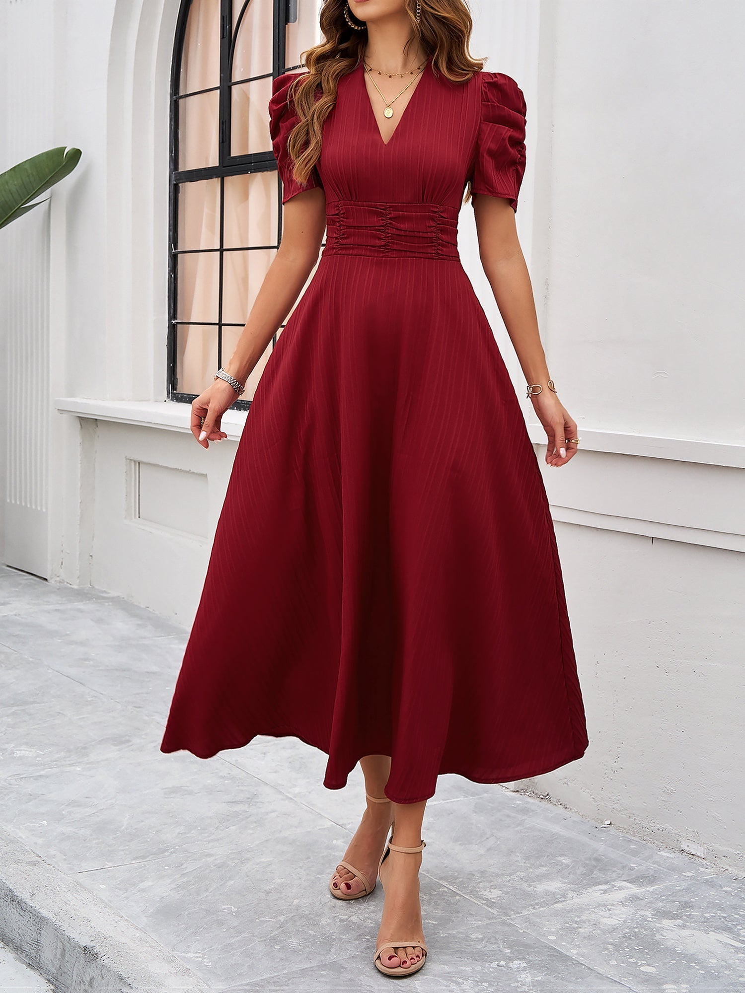 Strukturierte Puff Kurzarm Raffungen Midikleid A Linie Tailliert Casual Chic