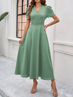 Strukturierte Puff Kurzarm Raffungen Midikleid A Linie Tailliert Casual Chic