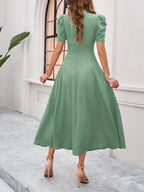 Strukturierte Puff Kurzarm Raffungen Midikleid A Linie Tailliert Casual Chic