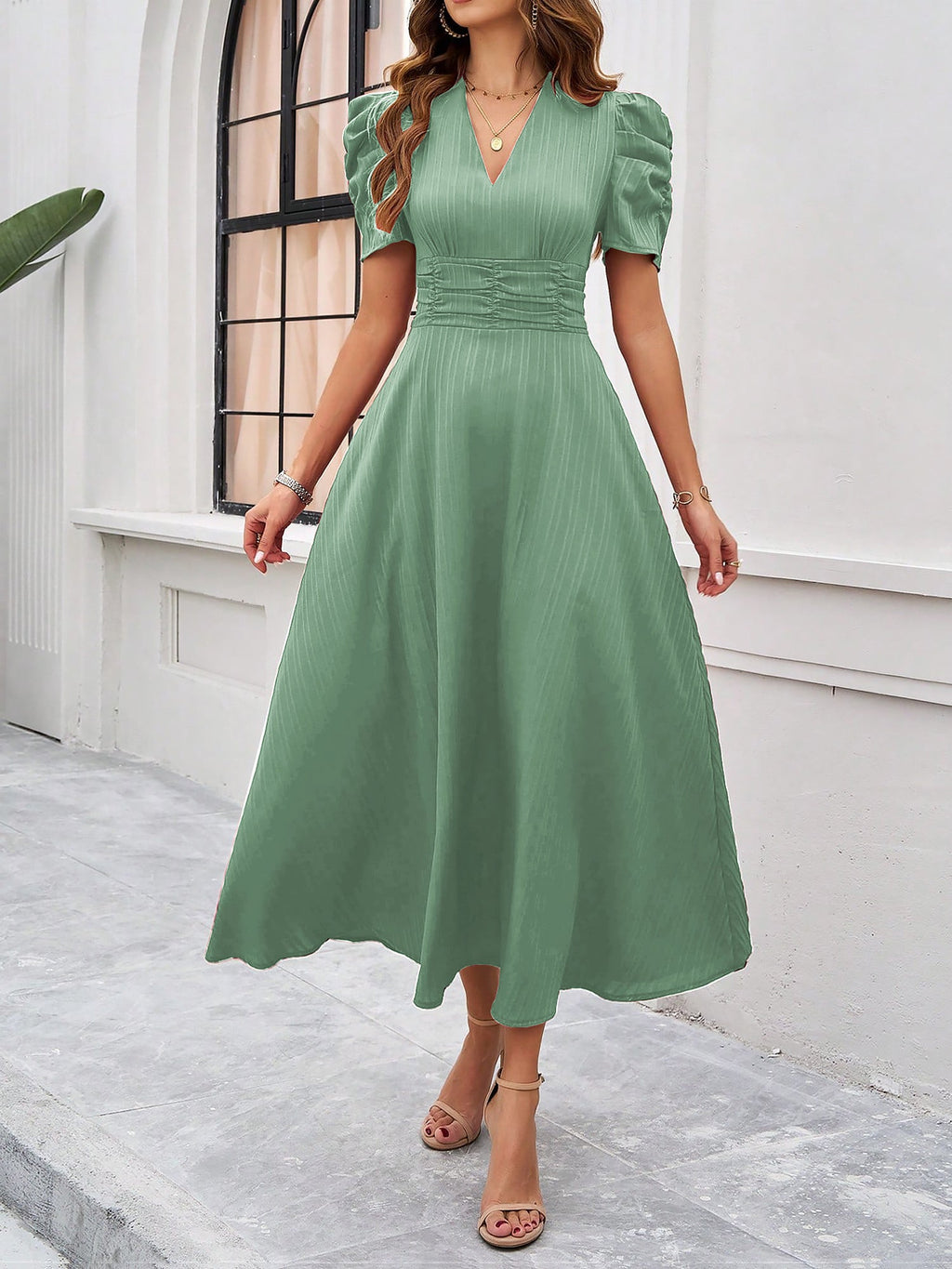 Strukturierte Puff Kurzarm Raffungen Midikleid A Linie Tailliert Casual Chic