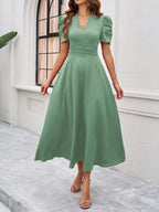 Strukturierte Puff Kurzarm Raffungen Midikleid A Linie Tailliert Casual Chic