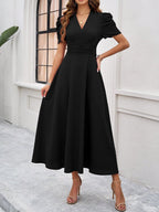Strukturierte Puff Kurzarm Raffungen Midikleid A Linie Tailliert Casual Chic