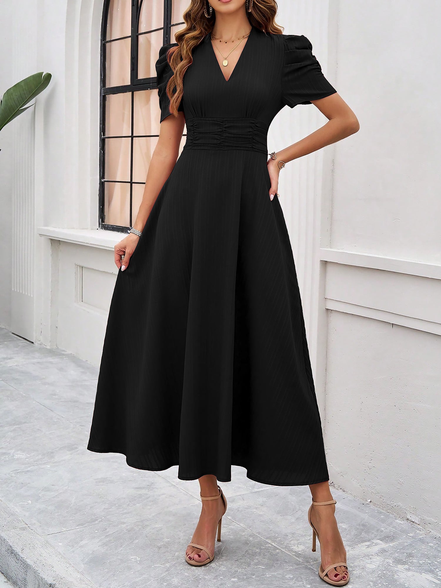 Strukturierte Puff Kurzarm Raffungen Midikleid A Linie Tailliert Casual Chic