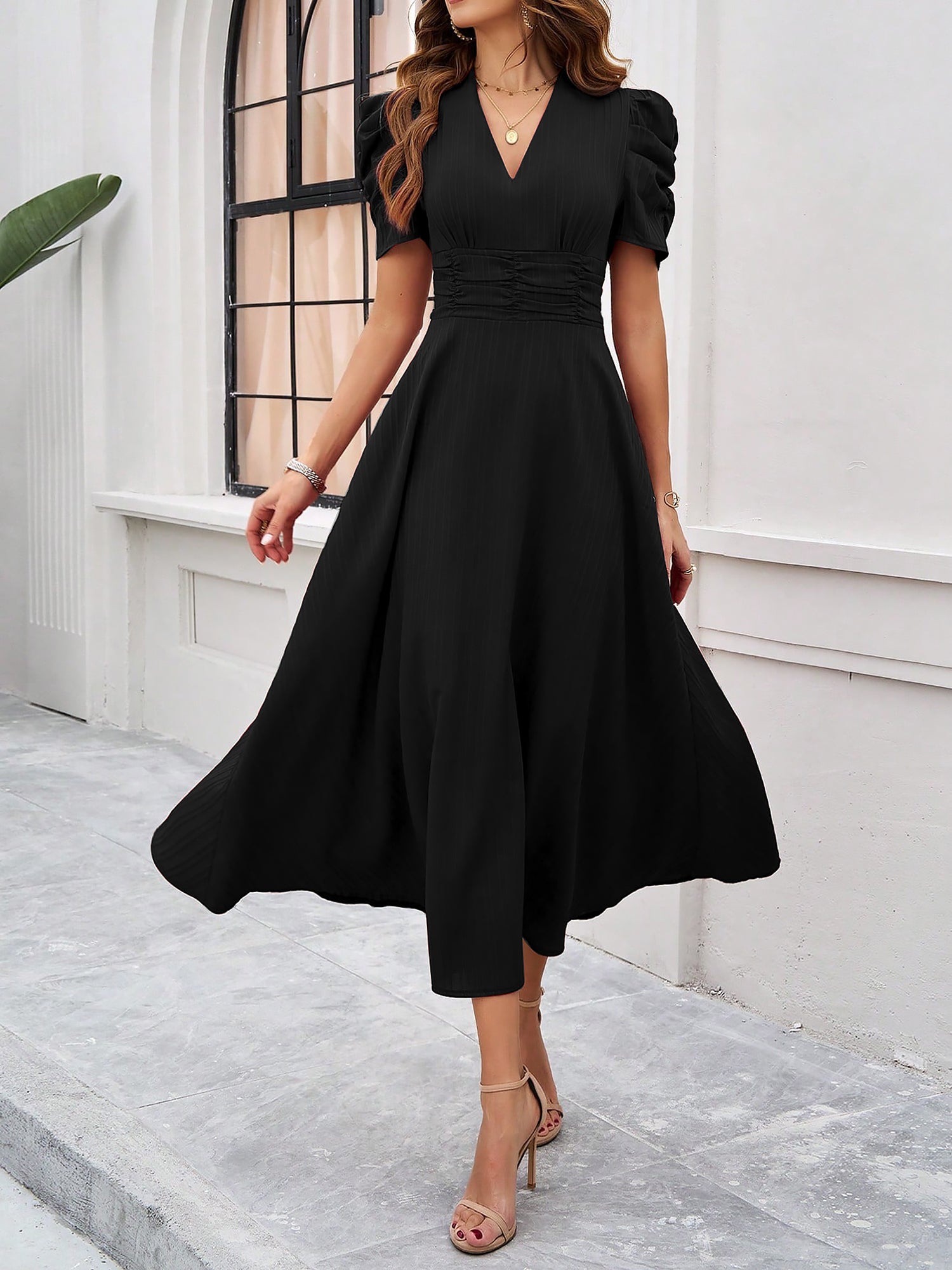 Strukturierte Puff Kurzarm Raffungen Midikleid A Linie Tailliert Casual Chic