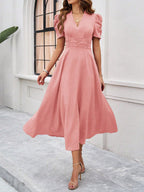 Strukturierte Puff Kurzarm Raffungen Midikleid A Linie Tailliert Casual Chic