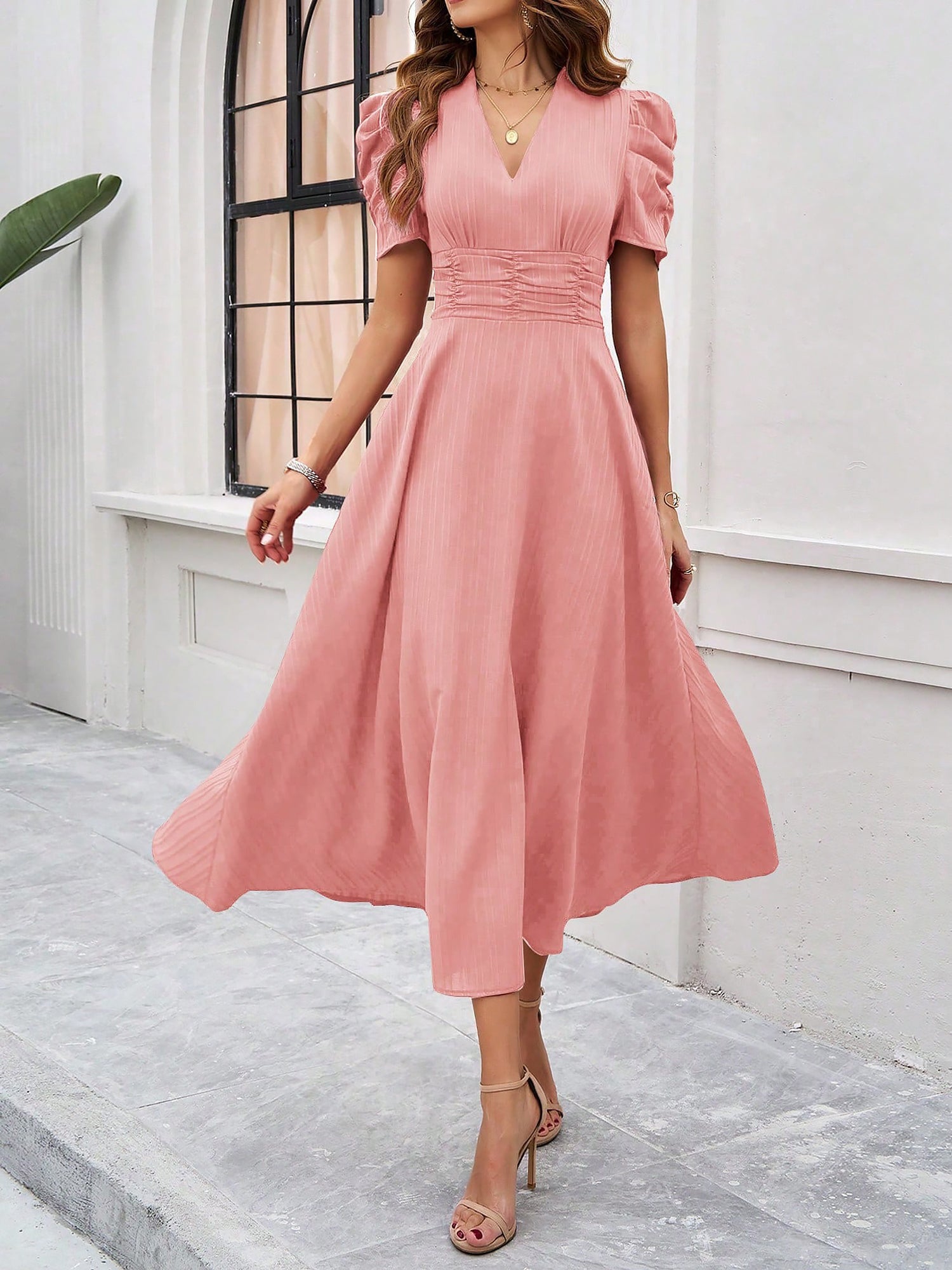 Strukturierte Puff Kurzarm Raffungen Midikleid A Linie Tailliert Casual Chic