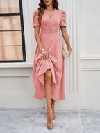 Strukturierte Puff Kurzarm Raffungen Midikleid A Linie Tailliert Casual Chic