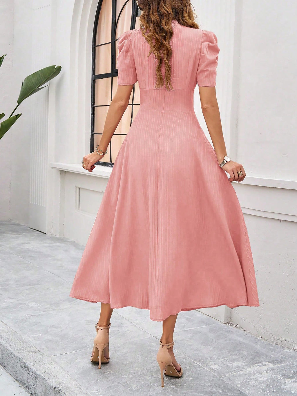 Strukturierte Puff Kurzarm Raffungen Midikleid A Linie Tailliert Casual Chic