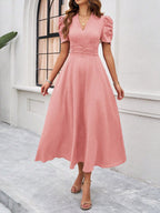 Strukturierte Puff Kurzarm Raffungen Midikleid A Linie Tailliert Casual Chic