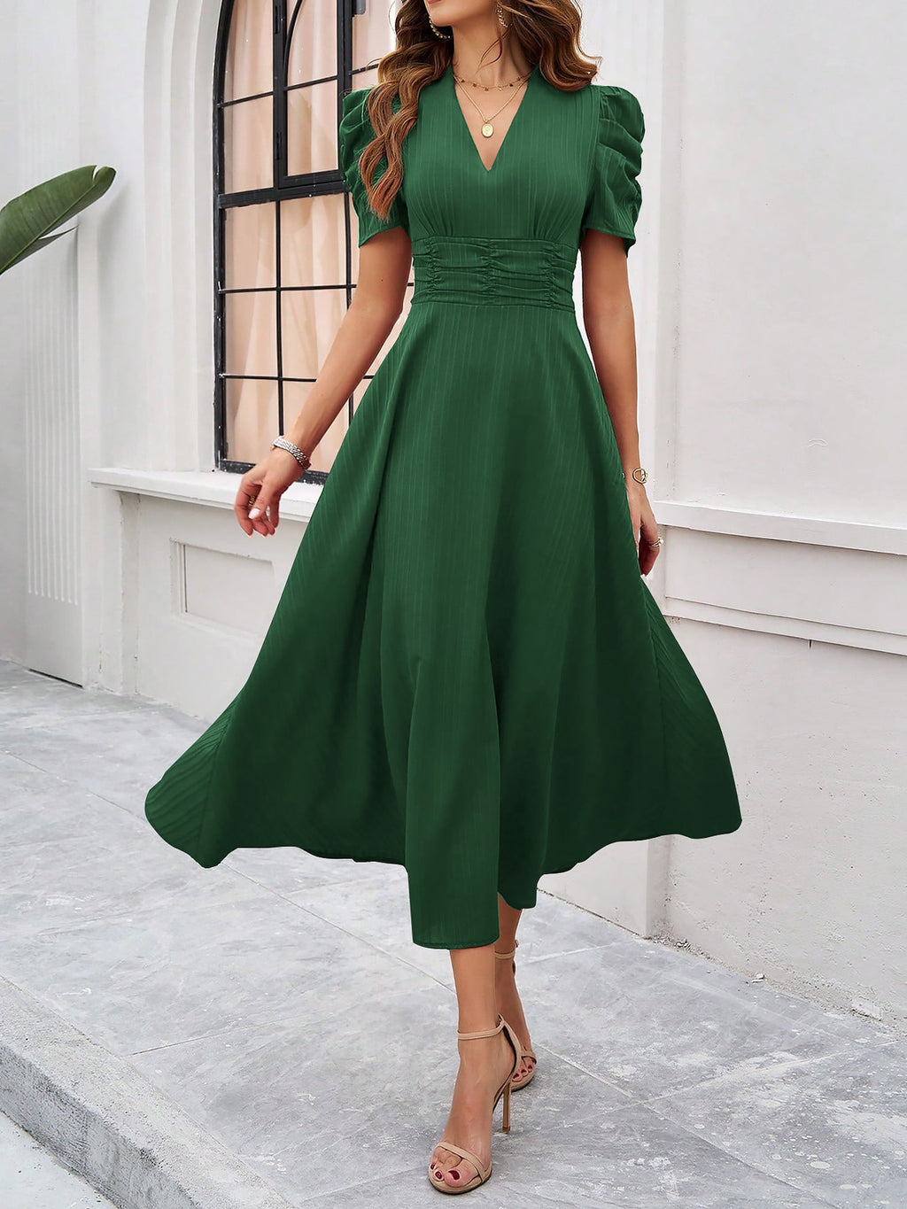 Strukturierte Puff Kurzarm Raffungen Midikleid A Linie Tailliert Casual Chic