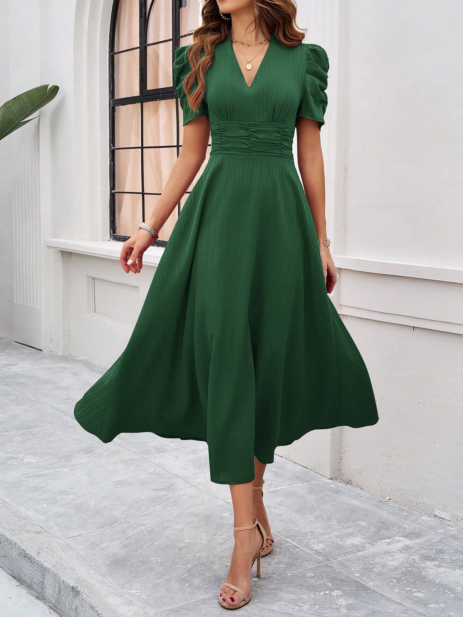 Strukturierte Puff Kurzarm Raffungen Midikleid A Linie Tailliert Casual Chic
