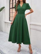 Strukturierte Puff Kurzarm Raffungen Midikleid A Linie Tailliert Casual Chic
