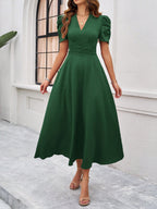 Strukturierte Puff Kurzarm Raffungen Midikleid A Linie Tailliert Casual Chic