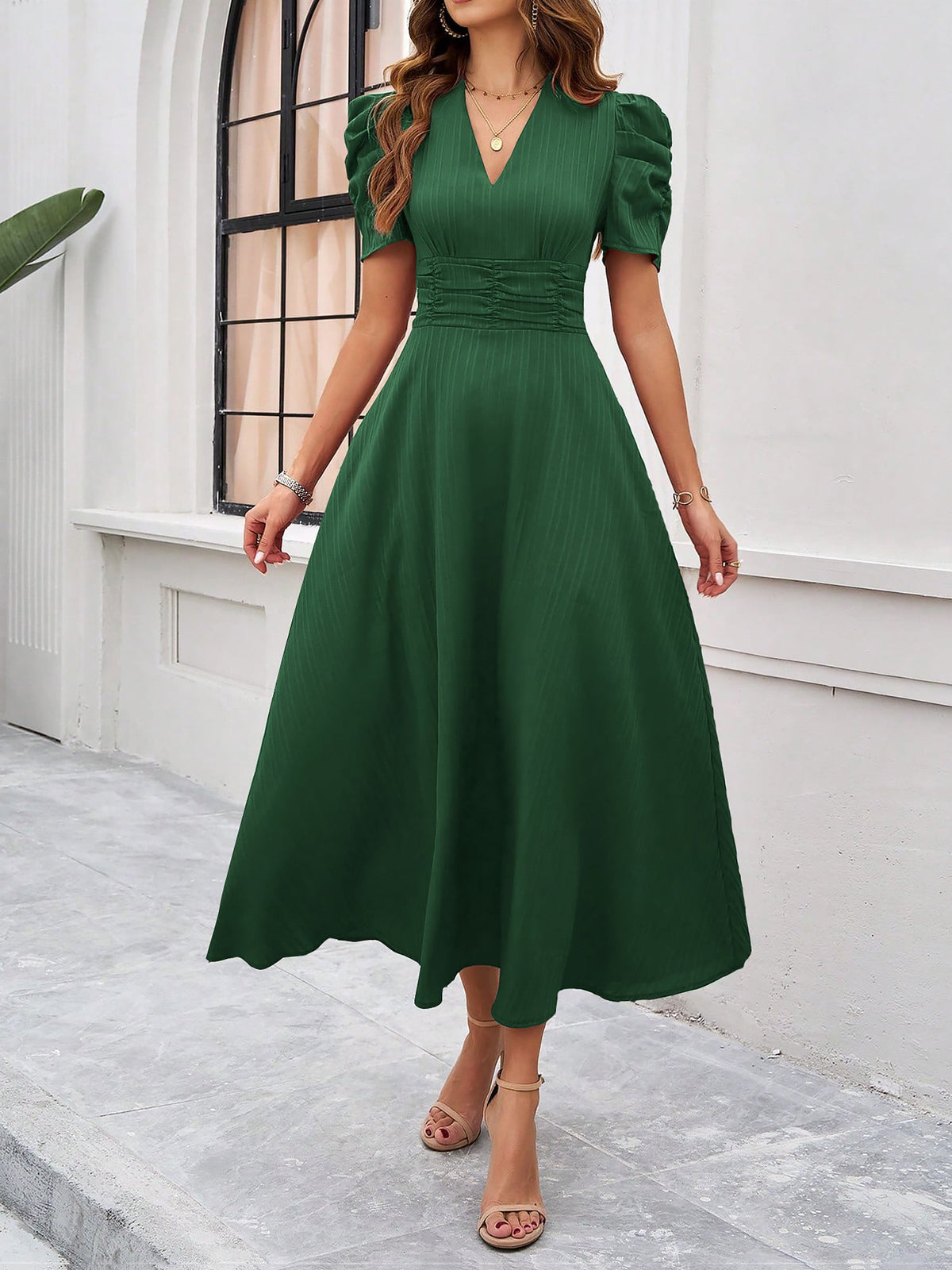 Strukturierte Puff Kurzarm Raffungen Midikleid A Linie Tailliert Casual Chic