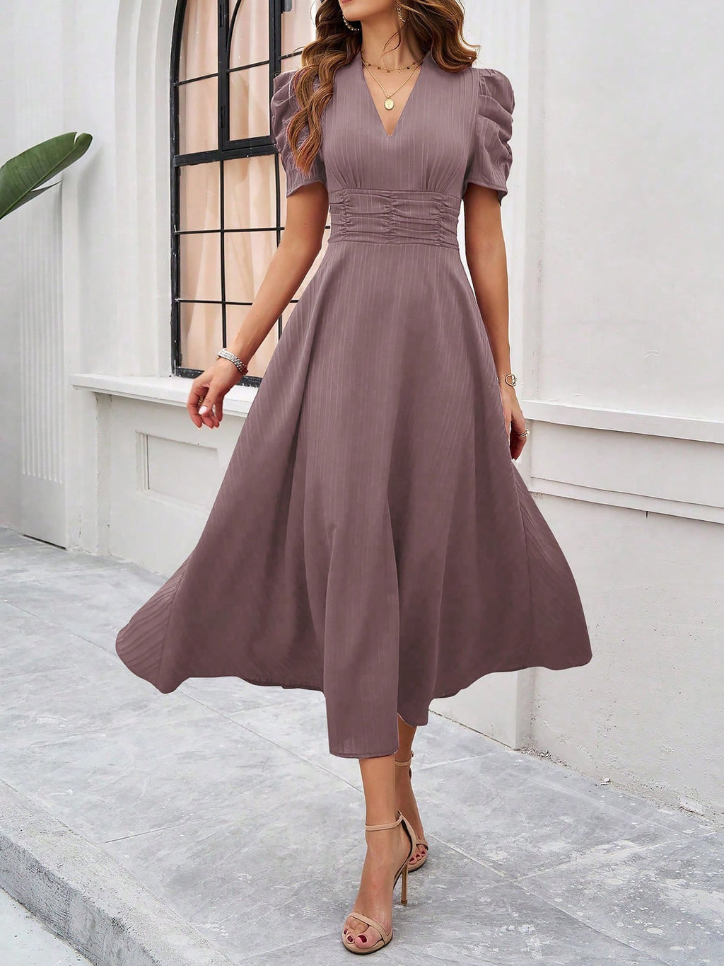 Strukturierte Puff Kurzarm Raffungen Midikleid A Linie Tailliert Casual Chic