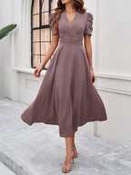 Strukturierte Puff Kurzarm Raffungen Midikleid A Linie Tailliert Casual Chic