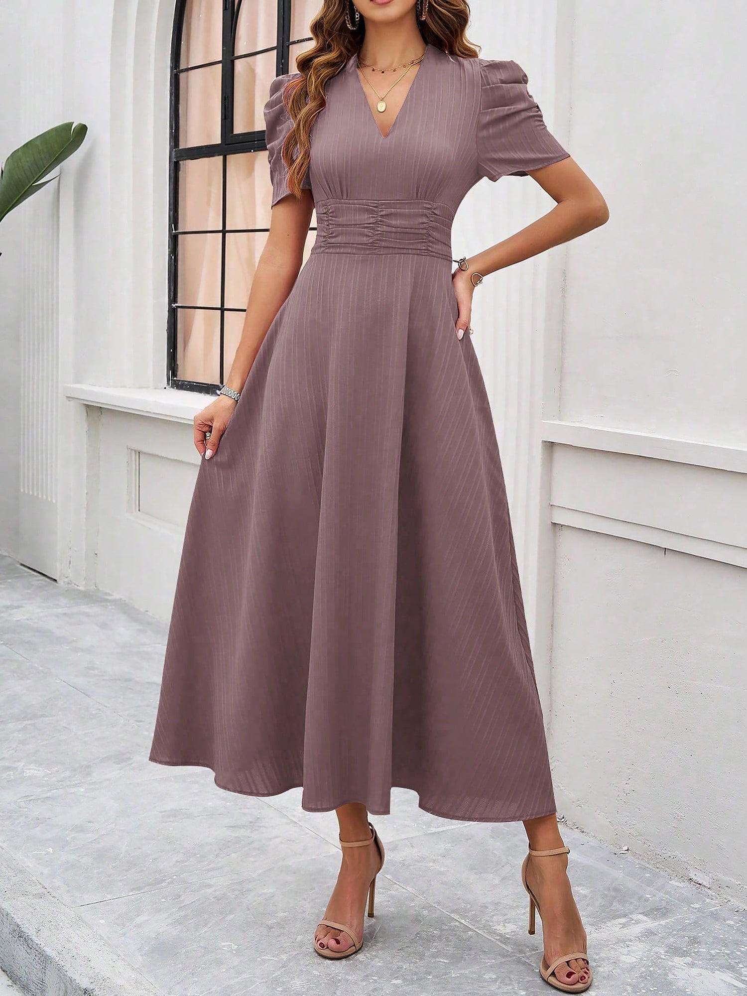 Strukturierte Puff Kurzarm Raffungen Midikleid A Linie Tailliert Casual Chic