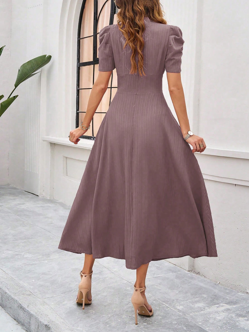 Strukturierte Puff Kurzarm Raffungen Midikleid A Linie Tailliert Casual Chic